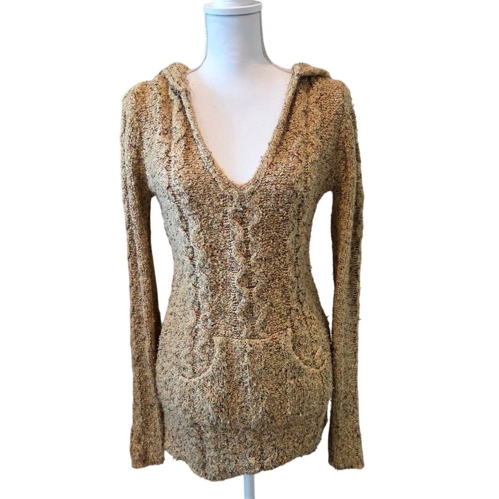 BKE Womens Tan Cable Knit Hooded Sweater V-Neck Gorpcore‎ Kangaroo pocket Large